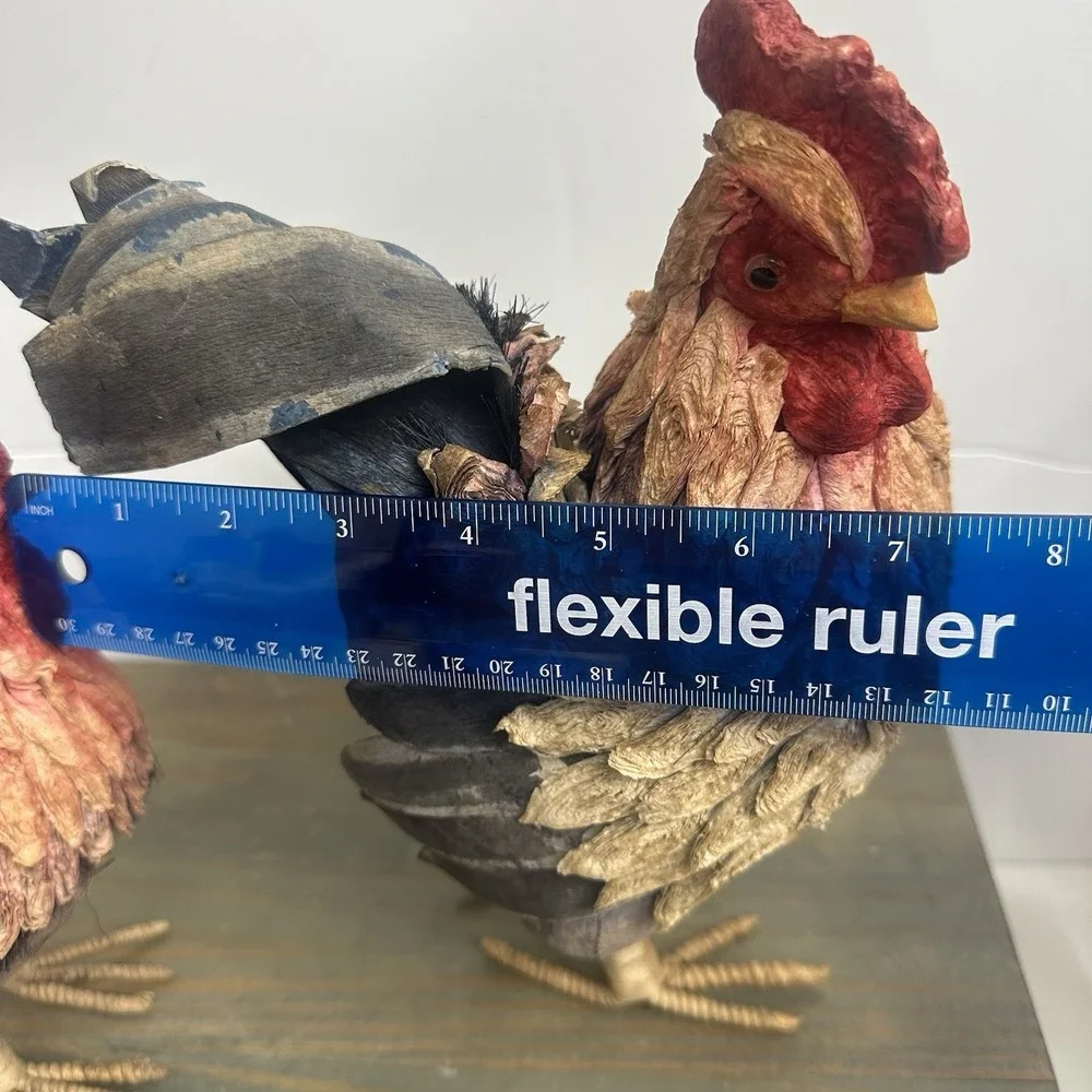Set / 2 Vintage Paper Mache Rooster Chicken Hen Multi-colored Raffia Lightweight